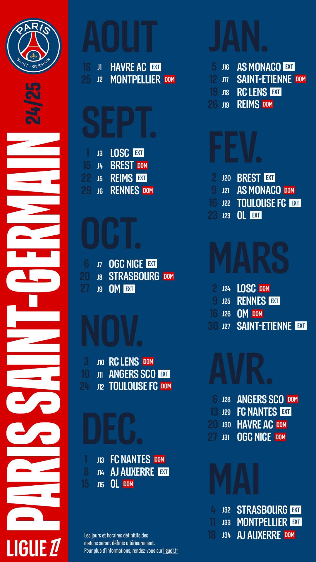 L1 le calendrier complet du PSG ! Ligue 1 Paris PSG